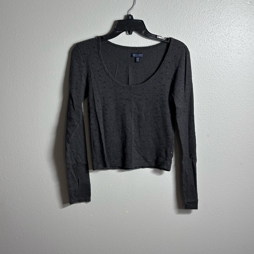 American Eagle Women Lace Long Sleeve Gray‎ Crop Top XS